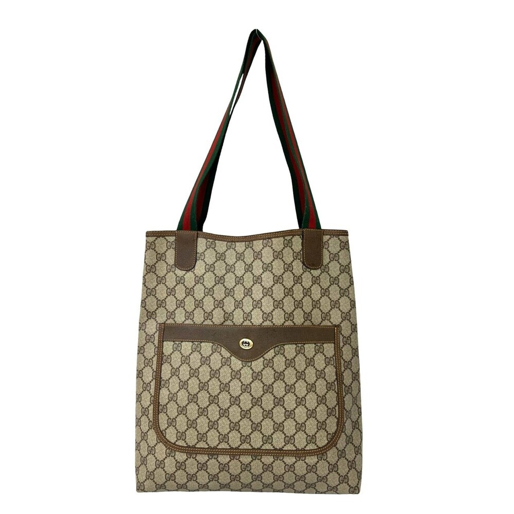 GUCCI Vintage Sherry Line GG Logo Leather Tote Bag/Shoulder Bag (Brown, 16374)